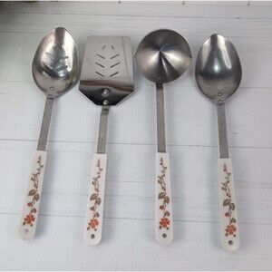 Vintage Ace Floral Stainless Utensil Set White Orange Brown Retro MCM Kitchen